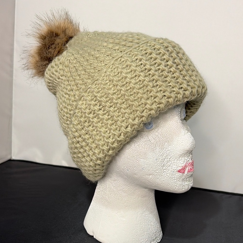 Sage Green Chunky Knit Beanie with Faux Fur Pom Pom One Size Fits Most